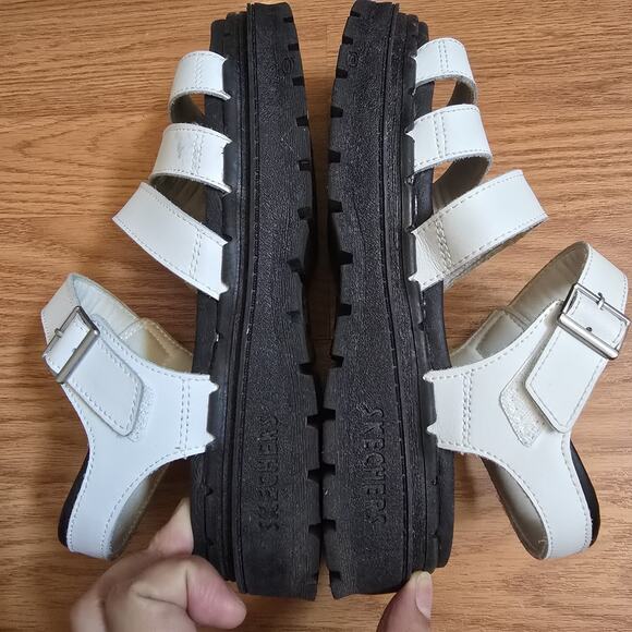 Skechers Luxe Foam Black White Low Wedge Sandals Women’s 7.5/8 Comfort Straps - Picture 6 of 8